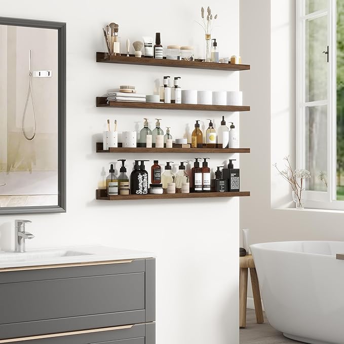 Fun Memories Picture Ledge Shelf, 36 Inch Floating Shelves for Wall, Nursery Bookshelf for Storage, Rustic Elm Wood Photo Ledge Shelves for Bedroom, Living Room, Kitchen (Walnut, 36in Set of 2)