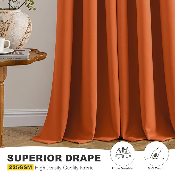 MIULEE Orange Blackout Curtains for Bedroom Living Room 96 Inches Long 2 Panels, Thermal Insulated Room Darkening Fall Drapes Solid Grommet Noise Reduction Light Blocking Window Treatments 40x96 Inch