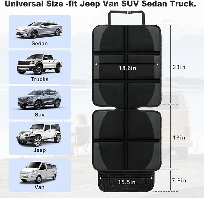 Car Seat Protector for Child Car Seat, 2 Pack Baby Car Seat Covers with Mesh Pockets & Non-Slip Backing 600D Durable Seat Protector Under Baby Car Seat for Car Back Seat (Black, Large)