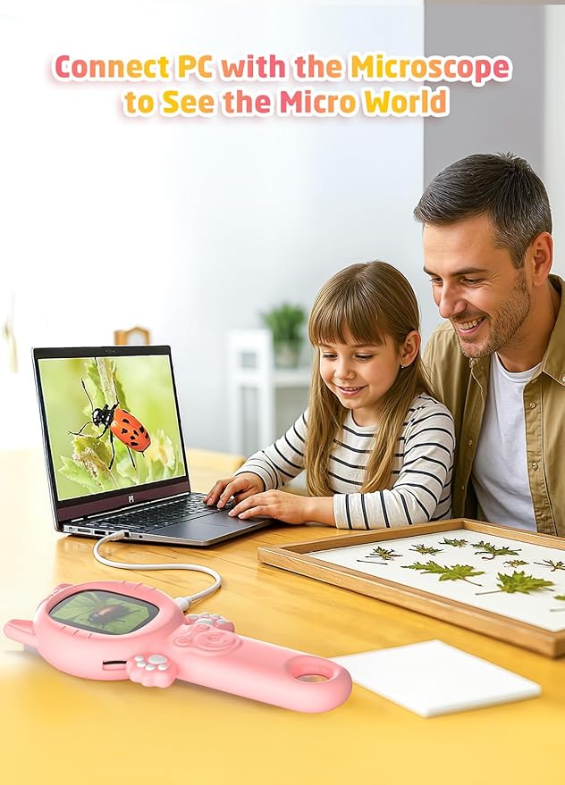 2-in-1 Microscope Camera for Kids, Mini Handheld Microscope Supporting Multiple Viewing Angles, Outdoor Educational Science Adventure Toys, Birthday Gifts for 3-10 Years Old Girls, Pink Cat
