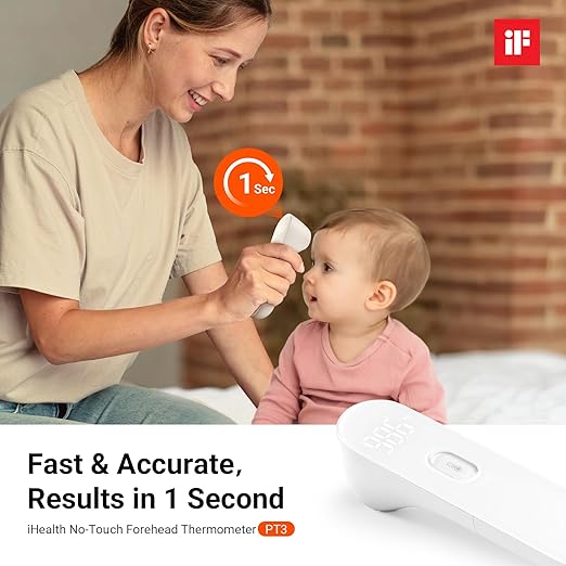 iHealth No-Touch Forehead Thermometer for Adults, Kids, Babies - 1s Fast Accurate, 3 Ultra-Sensitive Sensors, Quiet Vibration Feedback, Digital Large LED Digits, Easy to Use for Home & Nurses, PT3