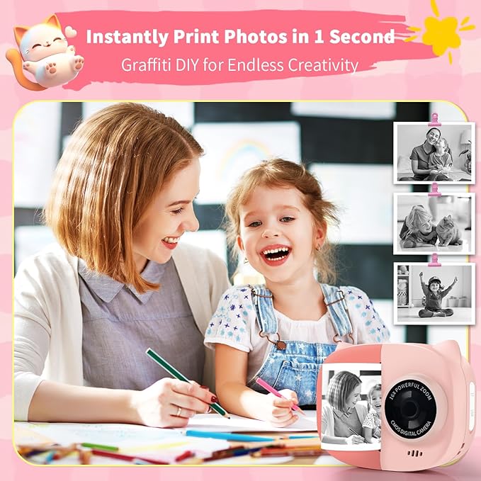 Rongta Kids Camera Instant Print, 1080P Kids Instant Cameras That Print Photos, Christmas Birthday Gifts for Girls Age 3-12, Video Camera Portable Toy for 3 4 5 6 7 8 9 10 Year Old Kids Girls(Pink)