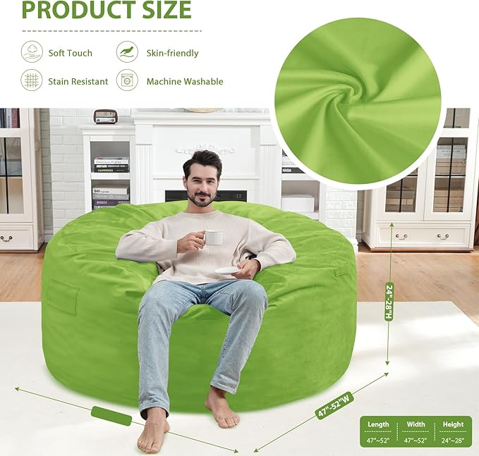 5FT Bean Bag Chair, Large Bean Bag Chairs with Memory Foam Filled, Fluffy Beanbag Sofa with Dutch Velvet Cover, Round BeanBag Chairs for Living Room, Playroom - Lime