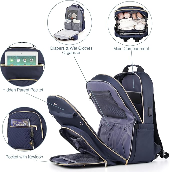 MOMUVO Diaper Bag Backpack, Quilted Baby Bag with Changing Pad & Stroller Straps & Pacifier Case, Large Travel Diaper Bags for Mom Dad, Blue