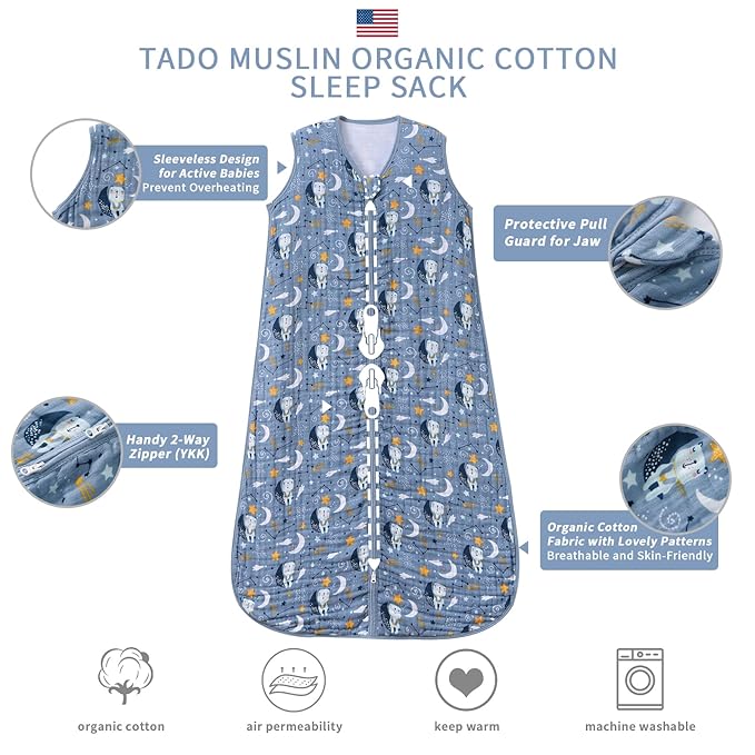 Baby Sleep Sack 12-24 Months Wearable Blanket for Babies 100% Organic Cotton 2-Way Zipper YKK 0.5 TOG Toddler Sleeping Sacks 1-2 T Bears