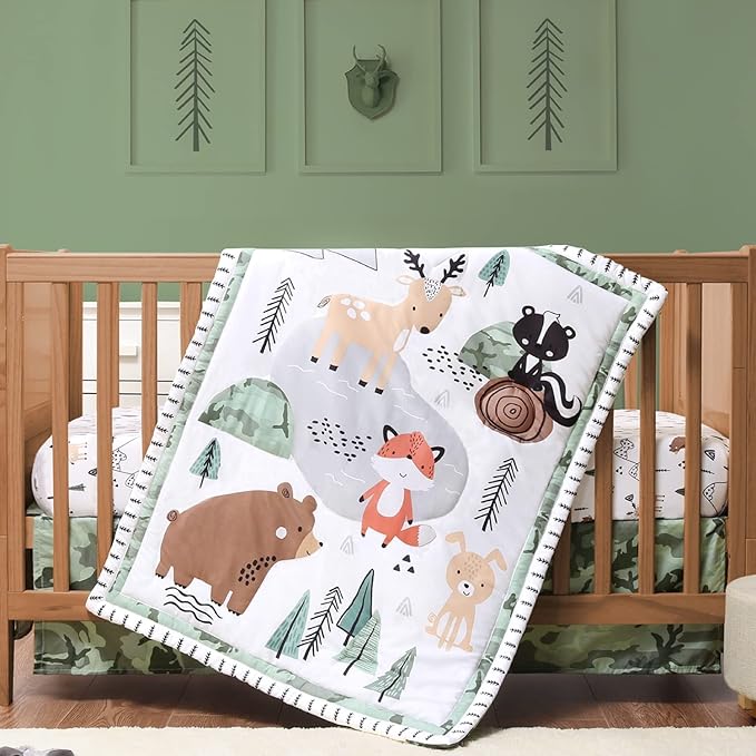 The Peanutshell 3 Piece Baby Crib Bedding Set for Boys - Newborn, Infant & Toddler Nursery Bed Set Decor with Fitted Crib Sheet, Dust Ruffle Comforter - Woodland Camo