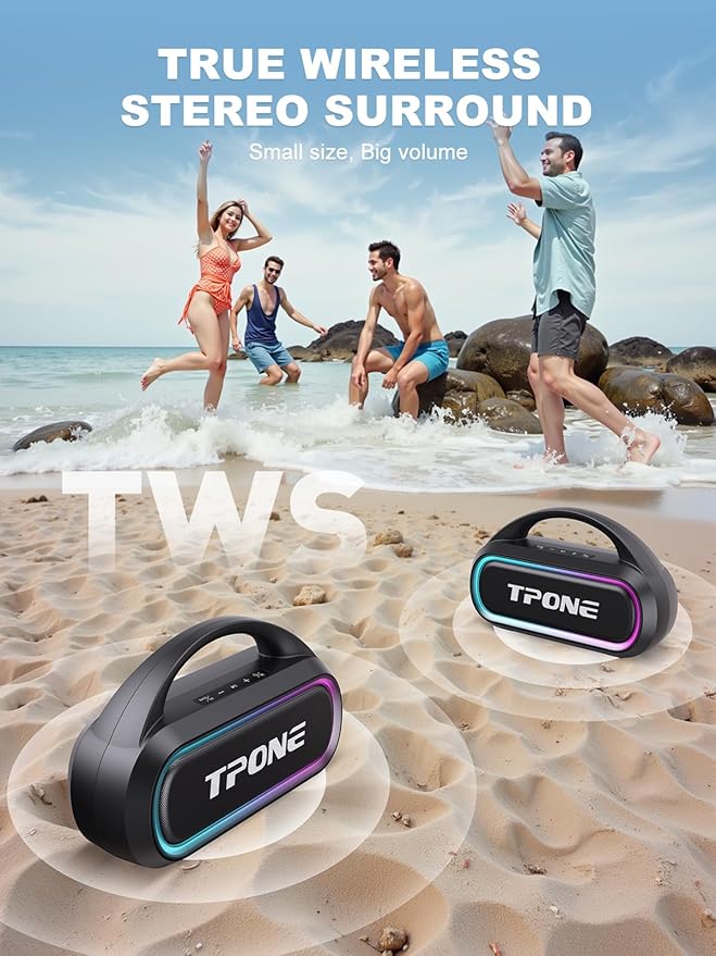 TPone Portable Bluetooth Speaker, 30W Peak, 12H Playtime, IPX5 Waterproof with Light, TWS Pairing, Wireless Speaker for Home/Party/Outdoor/Beach, Birthday Gift (Black)