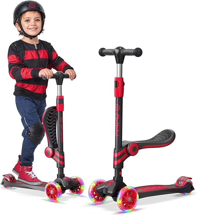 Black and Red 3 Wheel Scooter with Seat for Kids – Light-Up LED Wheels, Adjustable Handlebar and Seat, Smooth PU Wheels, Wide Anti-Slip Deck, Rear Foot Brake – Toddler Outdoor Toys for Ages 2+