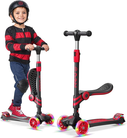 Black and Red 3 Wheel Scooter with Seat for Kids – Light-Up LED Wheels, Adjustable Handlebar and Seat, Smooth PU Wheels, Wide Anti-Slip Deck, Rear Foot Brake – Toddler Outdoor Toys for Ages 2+