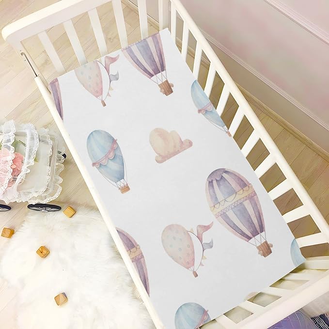 Watercolor Hot Air Balloon Crib Sheets for Boys and Girls, Fitted Baby Crib Sheets Soft and Breathable Mini Crib Sheets 52 X 28 X 9 Inches