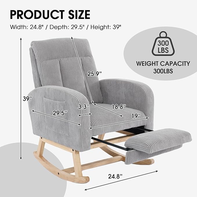 NIOIIKIT Nursery Rocking Chair, Corduroy Upholstered Rocking Chair with Adjustable Footrest, Tufted Rocker Chair with Side Pocket, Glider Rocker for Living Room, Bedroom (Gray Casual)