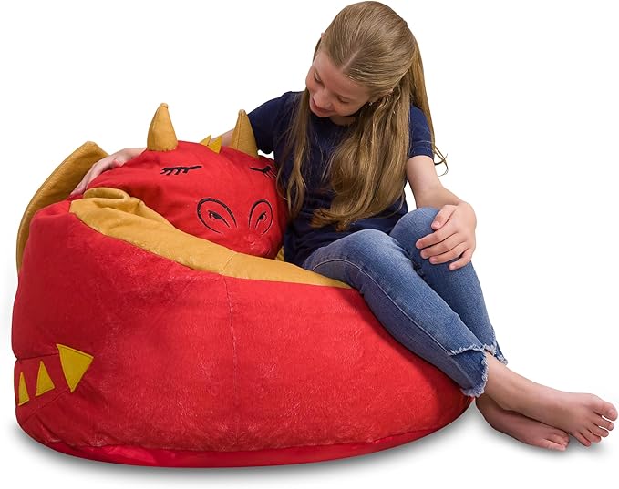 Posh Creations Cute Soft and Comfy Bean Bag Chair for Kids, Large, Animal - Red Dragon