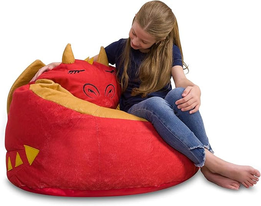 Posh Creations Cute Soft and Comfy Bean Bag Chair for Kids, Large, Animal - Red Dragon