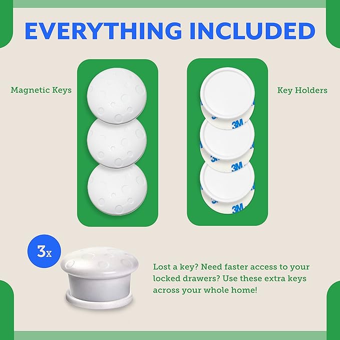 Eco-Baby Universal Replacement Keys for Magnetic Cabinet Locks [3 Universal Keys] Child Safety for Drawers and Cabinets - 3 Keys for Child Proof Kitchen Bathroom Cabinet Locks
