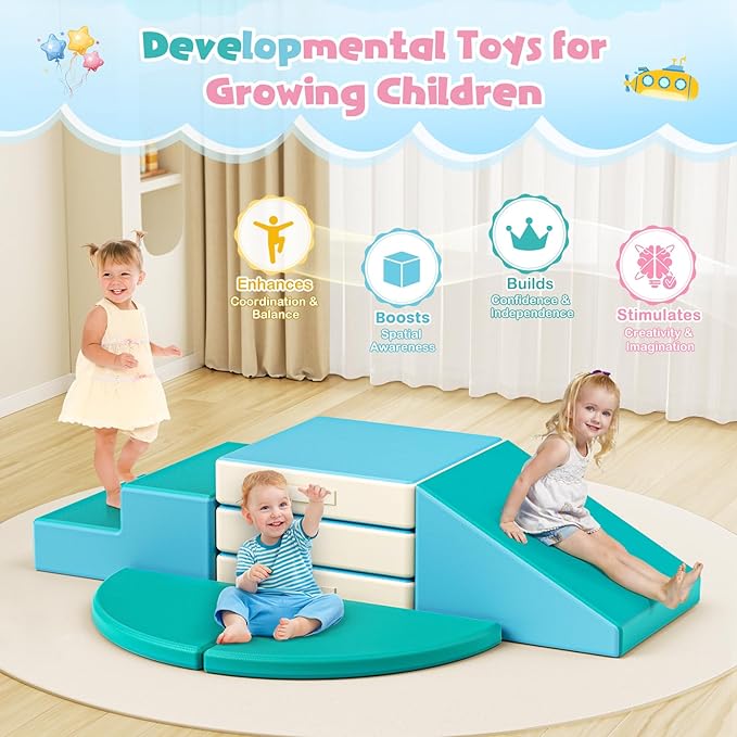 Lischwert Foam Climbing Blocks for Toddlers 1-3, 5pcs Foldable Soft Play Set with Crawling Exploration Toys - Indoor Infant Safe Blocks for Baby Gym & Toddler Playground - Blue