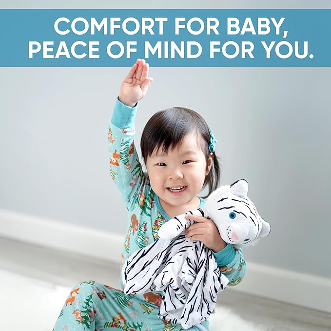 Love By Emi Baby Music Lovey White Tiger, Baby Sleep Soother for Crib & Cuddle Bedtime, White Noise with a Heartbeat & Lullaby, Plush Sound Machine Toy, Stuffed Animal for Newborns, Infants & Toddlers