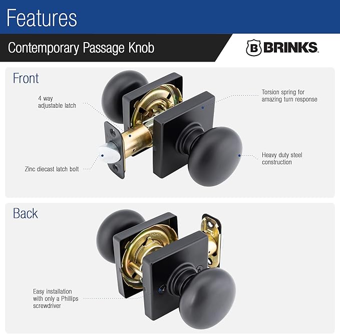 BRINKS – Contemporary Non-Locking Interior Ball Door Knob, Matte Black - Designed for Sleek and Modern Homes and Blends Seamlessly with Interior Décor (E2426-122) (10 Pack)