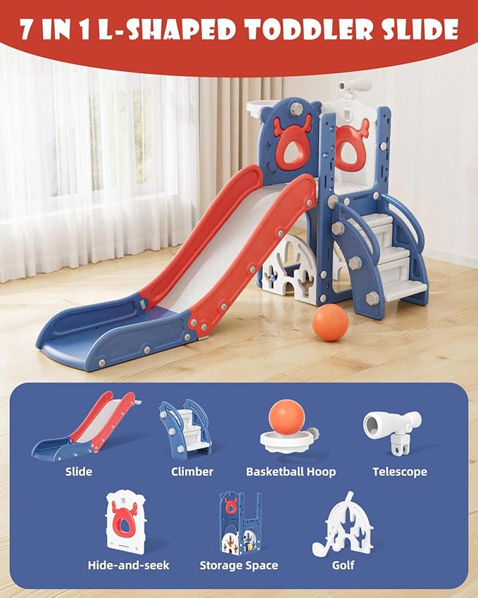 XJD 7 in 1 Toddler Slide, Kids Indoor Slide for Toddlers 12-36 Months, New Upgrade with Golf, Basketball Hoop for Indoor Outdoor Playset,Toddler Playground (Blue Red)