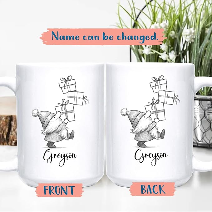 Cute Gnome With Box Accent Mug Cup Gift, Personalized Choose Name Gnome Ceramic Teacup 11 Oz 15 Oz, Unique Coffee Mug Gift For Gnomes Lover Kids Child Birthday, Custom Gnomes White Travel Mugs Gifts