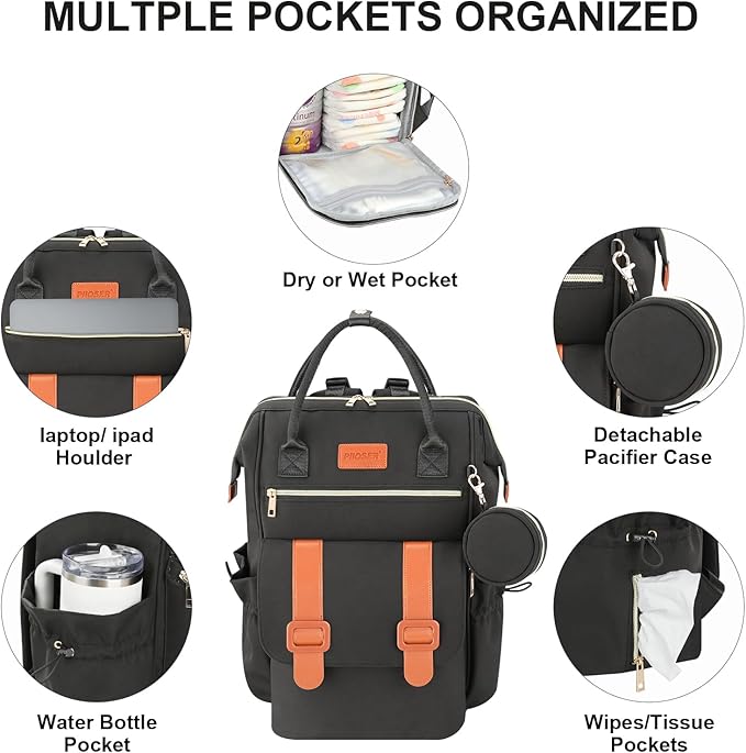 PIIOSER Diaper Bag Tote with Ice Pack, Large Capacity & Waterproof Diaper Bag Backpack for Moms Dads, Insulated Baby Tote Bag with Changing Pad, Stroller Straps & Pacifier Case, Black