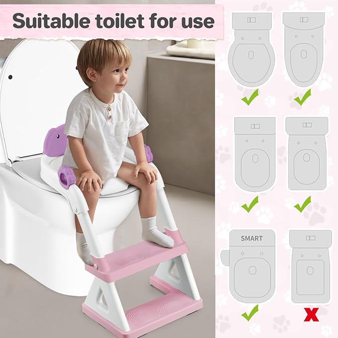 2 In 1 Potty Training Toilet Seat & Toddler Step Stool, Bottom Triangle Stability Toddler Toilet Seat, Adjustable Step & Seat Height Potty Seats for Toddlers Boys Girls (Purple)
