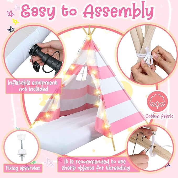 6 Pack Sleepovers Teepee Tent for Kids Bulk with Mattress Sheet Light,Natural Cotton Washable Indoor Play Tent for Birthday Slumber Party Girls Boys Pajama Movie Night Supplies(Pink, White)