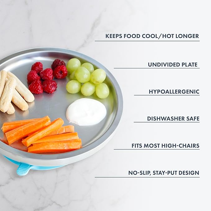 Avanchy Open Baby Plates with Suction – Stainless Steel Divided Plates for Toddlers, BPA-Free, Dishwasher Safe, Unbreakable, Non-Toxic, 100% Silicone Suction – Pink