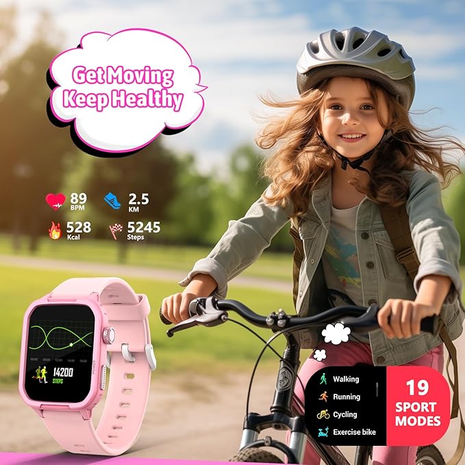 Smart Watch for Kids No Phone Needed, Tempered Glass Fitness Tracker Boy Teens with 19 Sport Modes, Pedometer, Sleep Monitor, Kids Watch Birthday Gifts Toy Gift for Girls Boys 6-16 (Pink)
