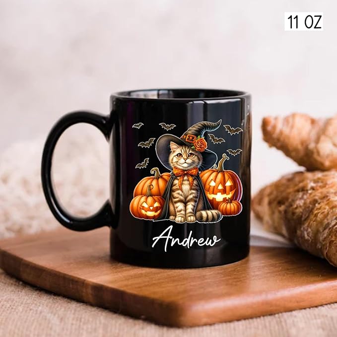 Personalized American Bobtail with Pumpkins Coffee Cup, American Bobtail Wearing Witch Hat Mug, Custom Name Halloween Cat Ceramic Mugs, Pet Black Cup 11oz 15oz, Gift for Cat Lover Pet Owner
