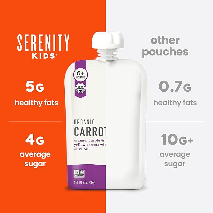 Serenity Kids 6+ USDA Months Organic Carrot Veggie Puree Baby Food Pouches - 3.5 oz Pack of 12 - Organic, BPA-Free & Allergen Free - No Sugary Fruits & No Added Sugar - 3.5 Oz, 12 Pack