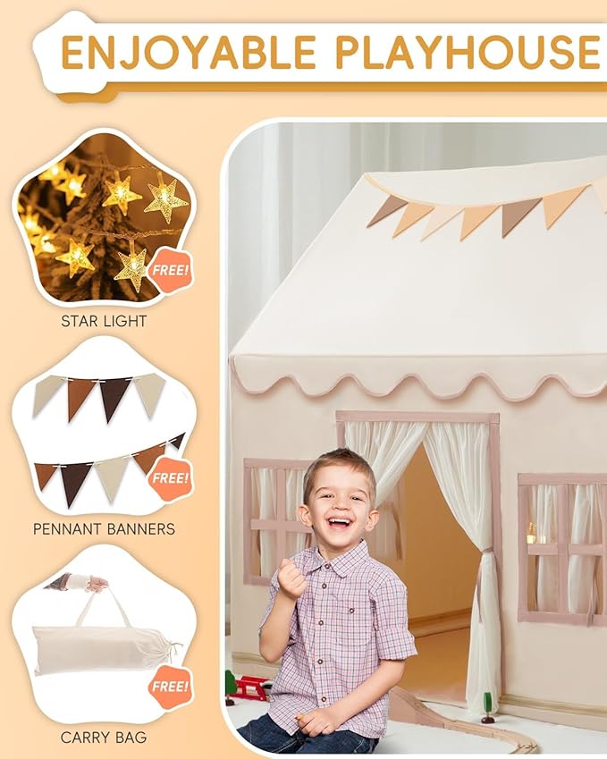 Large Kids Tent Playhouse Base Fabric with Star Lights, Flags and Tote Bags, Kids Play Tent Indoor & Outdoor, Washable Teepee Tent for Boys & Girls, Play House for Toddler, Neutral Color