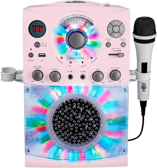Singing Machine Portable Karaoke Machine for Adults & Kids with Wired Microphone, Rose Gold/Frosted Pink - Built-In Karaoke Speaker, Bluetooth with LED Disco Lights - Karaoke System with CD+G & USB