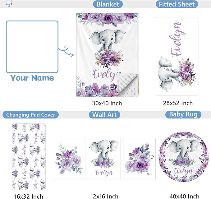 Personalized Baby Crib Bedding Set, 5 Pcs Custom Baby Bedding Set with Name, Double Layer Baby Elephant Crib Set for Girls, Soft Flannel Nursery Bedding Set, Toddlers Infants New Parents Gift