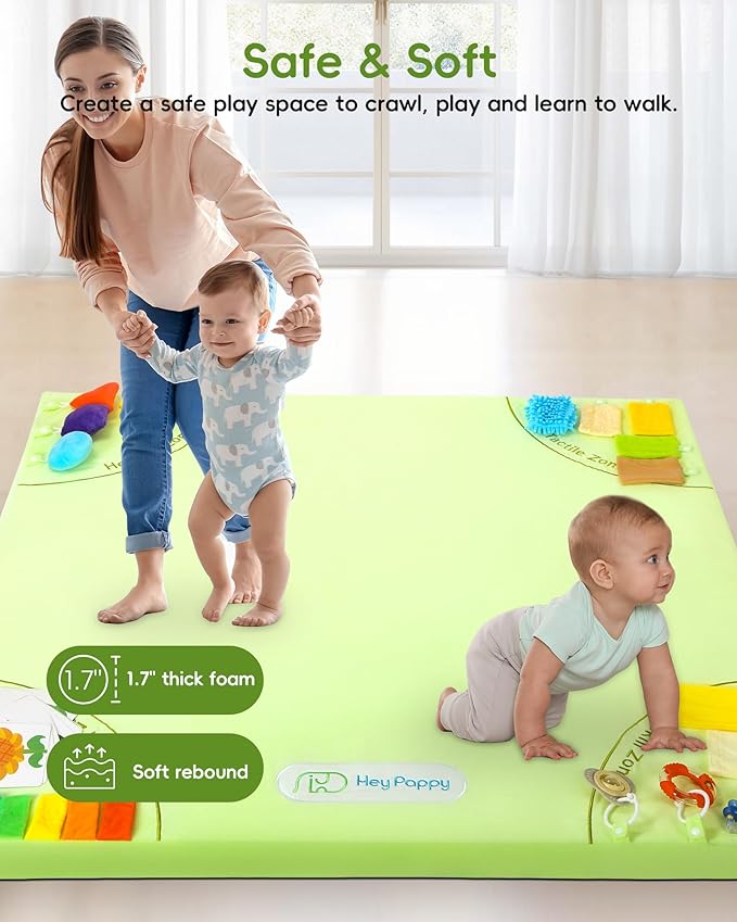 Baby Play Mat, 50''x50'' Playpen Mats with 4 Sensory Development Zones for Motor Skills, Unique Crawling Mats with Non-Slip Cushioned That Fits Nicely into Any Playroom, Green