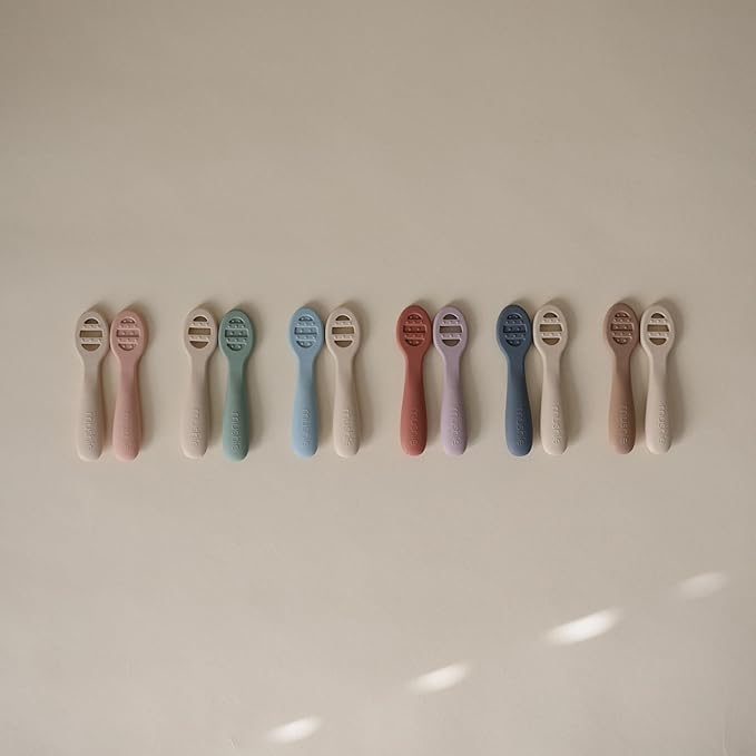 mushie Silicone First Feeding Baby Spoons | 2 Pack (Powder Blue/Shifting Sand)