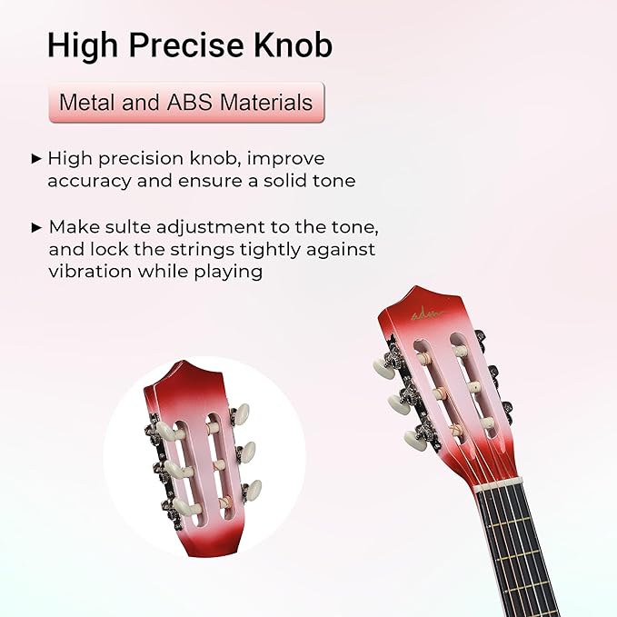 ADM Beginner Acoustic Classical Guitar 34 Inch Nylon Strings Wooden Guitar Bundle Kit for Kid Boy Girl Student Youth Guitarra Online Lessons with Gig Bag, Strap, Tuner, Strings, Picks, Pink