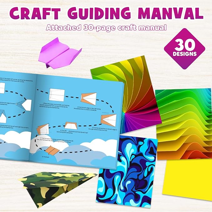 Pigipigi Kids Craft Origami Paper Kit for Kids Ages 5-8 8-12, with Guiding Book, 70 Sheets DIY Art and Crafts Supplies, Colorful Folding Papers Set Projects Gifts Activity for Boy Girl Toys(Plane)