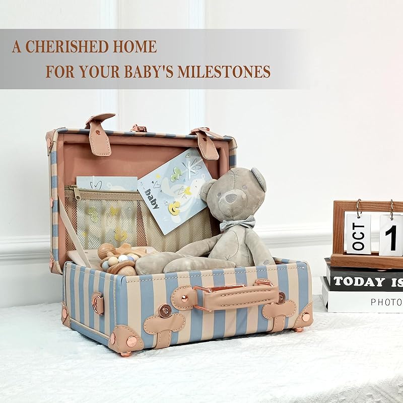 Unitravel Baby Keepsake Case, 13" Handmade Memory Storage Box, Newborn Keepsake Box, Vintage Suitcase for Baby Shower, Baptism, Naming Ceremony or Birthday (blue strip)