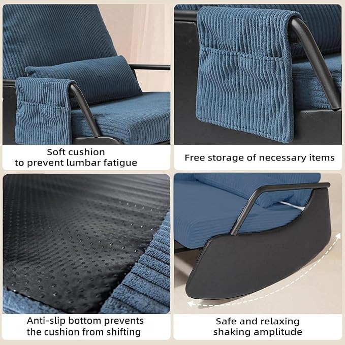 Rocking Chair for Nursery, Modern Upholstered Plush Seating Glider Recliner Chair with High Backrest and Side Pocket, Accent Armchair with Cushions for Living Room/Reading (Blue)