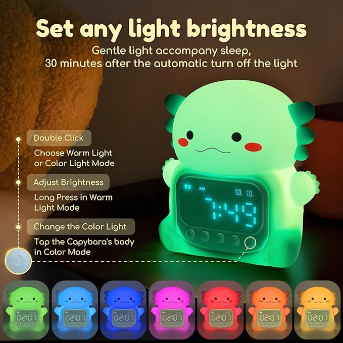 Axolotl Alarm Clock with Night Light for Kids, 7 RGB Color Cute Alarm Clocks for Bedrooms Ok to Wake Clocks, Silicone Animal Tabletop Lamp for Teen Girls Boys, Green
