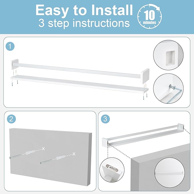 Fun Memories Nursery Book Shelves - Rustic Natural Solid Wood Floating Bookshelf for Kids - Wall Book Shelves for Kids Room (White, 48inch - 2P)