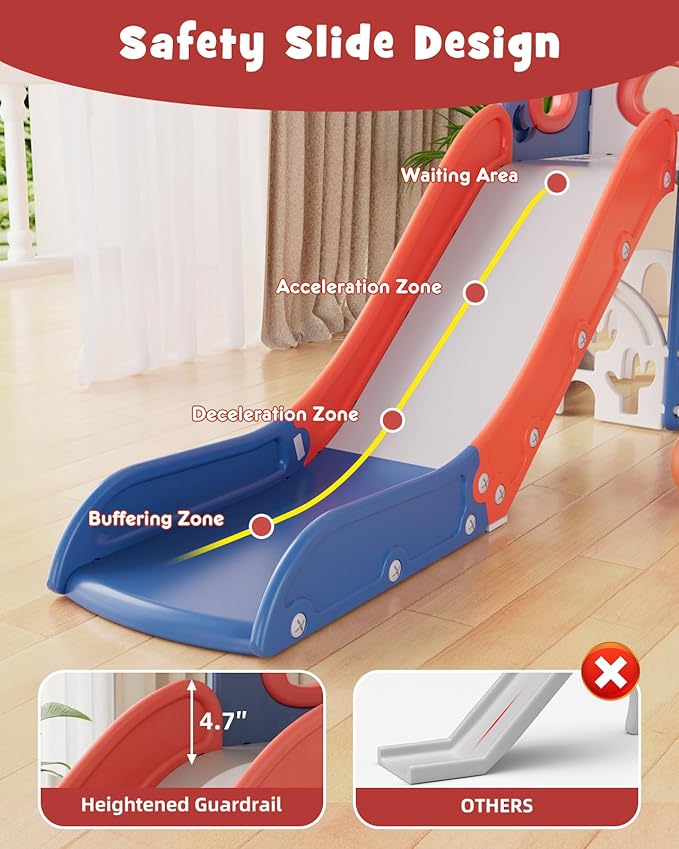 YUFU Toddler Slide Set, 11 in 1 Kids Slide for Toddlers 1-3, Toddler Playset with Climbing Bridge, Golf Set, Basketball Hoop, Indoor Outdoor Playground (Blue Red)