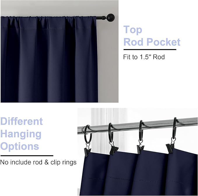 Simplebrand Ava Navy Blue Blackout Curtains for Patio 108 Inches Long 2 Panels Set, Solid Thermal Insulated Room Darkening Rod Pocket Window Treatment Curtains Blackout Drapes, W50 x L108