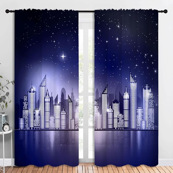 City Rod Pocket Blackout Curtains for Boy Girl Bedroom, New York Skyline Modern City Starry Sky Night View Home Energy Efficient Light Filtering Window Curtain for Living Room, 84x84 inch