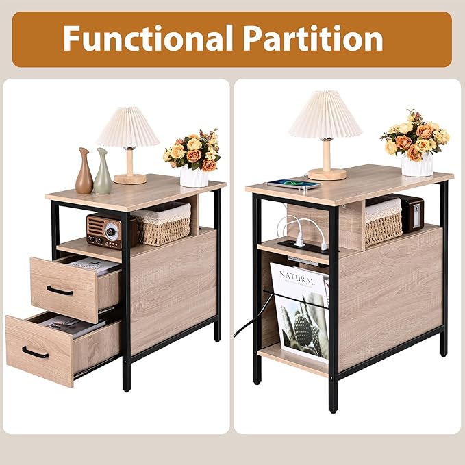 Side Tables with Charging Station, Narrow End Table with 2 Wooden Drawers, USB Ports and Power Outlets, Narrow Nightstand and Bedside Table, Side Tables Living Room, Bedroom, Greige