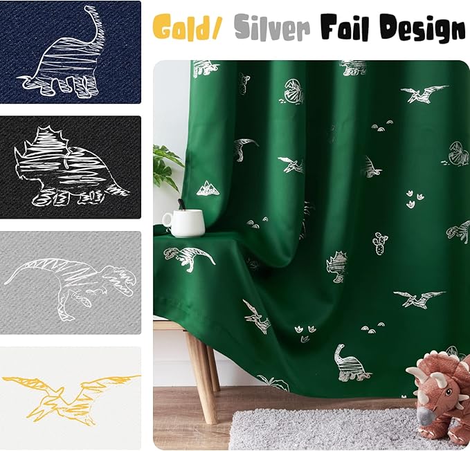 Vangao Kids Curtains Green Blackout Dinosaur Curtains for Boys Kids Nursery Girls Room Silver Dino Foil Print Thermal Insulated Drapes Grommet Top Window Treatments 63 Inches Length 2 Panels