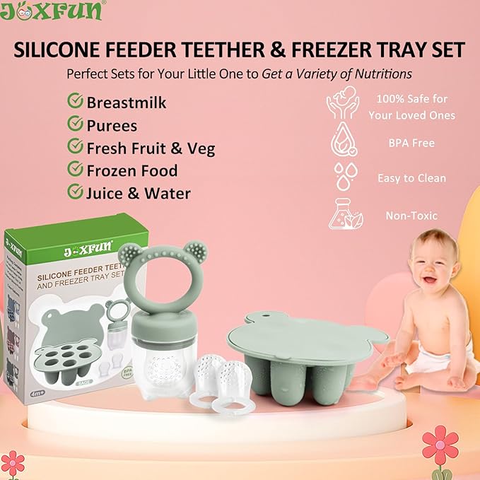 Silicone Baby Fruit Food Feeder & Mini Freezer Nibble Tray, Breastmilk Popsicle Molds for Baby Teething Relief, BPA Free Silicone Teething Toys Feeder for Safe Infant Self Feeding, Extra Food Pouches
