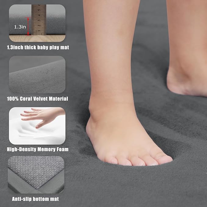 Thick Play Mat for Baby, 50 X 50x 1.3" Memory Foam Playpen Mat,Ultra Soft Tummy Time Mat with Non-Slip Backing, Baby Crawling Mat Child Nursery Rug for Infant, Toddlers, Kids (Dark Gray)