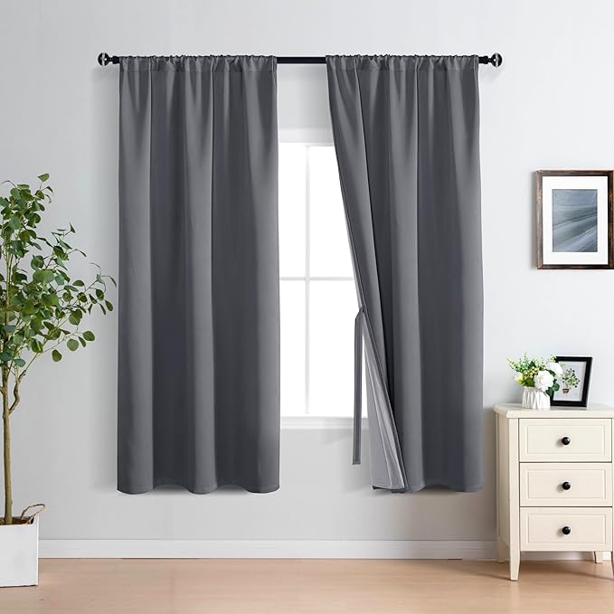 XWZO 100% Blackout Window Curtains - Thermal Insulated & Noise Reduction Black Liner Rod Pocket Window Treatment Sewn with Tiebacks for Bedroom/Living Room, Dark Grey, W42 x L72, Set of 2