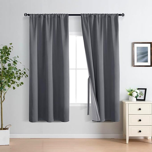 XWZO 100% Blackout Window Curtains - Thermal Insulated & Noise Reduction Black Liner Rod Pocket Window Treatment Sewn with Tiebacks for Bedroom/Living Room, Dark Grey, W42 x L72, Set of 2